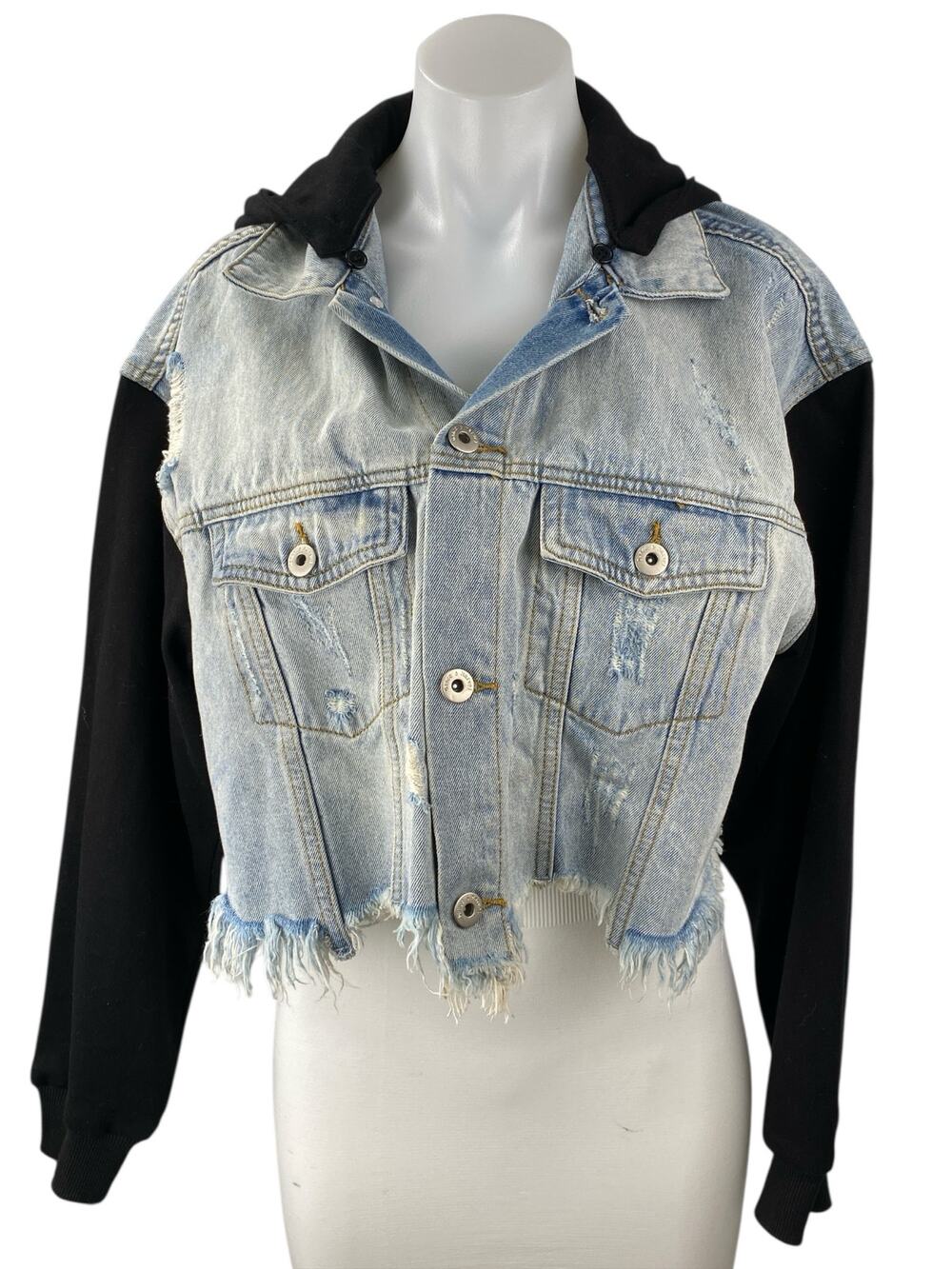 Dance & Marvel Blue Black Hoodie Hooded Distressed Crop Denim Jean Jacket Size S